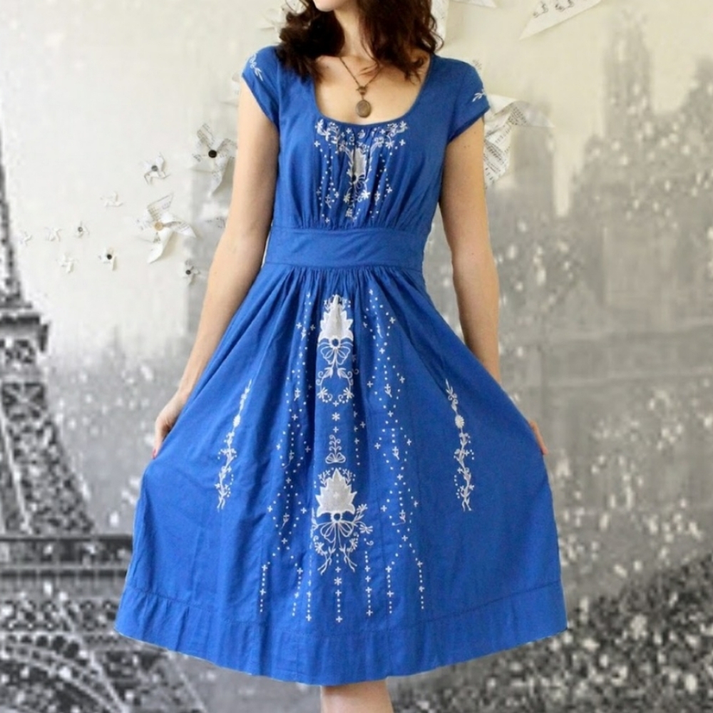 Lil Anthropologie Embroidered Dress Blue Cotton Midi Dress